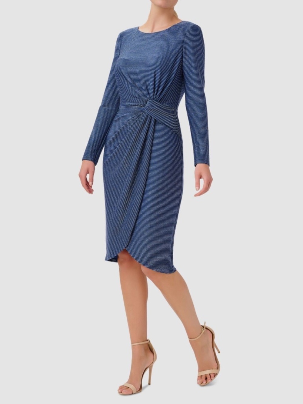 Adrianna Papell Women's Blue Metallic Striped Knit Twisted Draped Dress Size 6